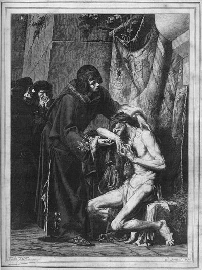 लुई IX एक कोढ़ी को सांत्वना देता है: फ्रांस के राजा सेंट लुइस (1214-1270) और कुष्ठ रोग के प्रकोप के दौरान एक बीमार व्यक्ति। अल्बर्ट मेगनन (1845-1908) की पेंटिंग से 1878 से उत्कीर्णन। द्वारा अल्बर्ट पियरे रेने (बाद) मगनन