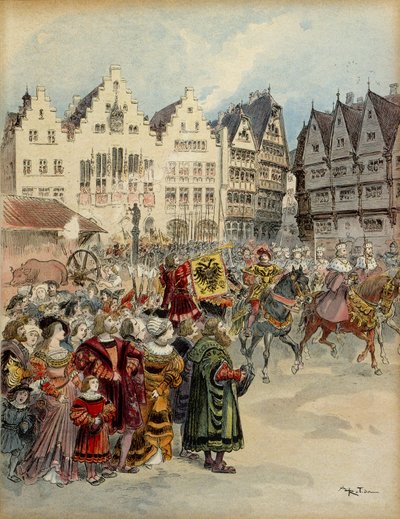28 जून 1519 को जर्मनी के सम्राट के रूप में चार्ल्स वी (1500-1558) का चुनाव। सात निर्वाचक मंडल फ्रैंकफर्ट (जर्मनी) की सड़कों से होकर गुजरते हैं। चित्रण द्वारा अल्बर्ट रोबिडा