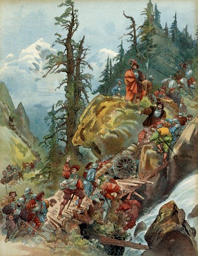 पाँचवाँ इतालवी युद्ध (१५१५-१५१६): फ्रांस्वा I (१४९४-१५४७) की सेना के लार्चे दर्रे से अगस्त १५१५ में आल्प्स का मार्ग, इटली के रास्ते में। चित्रण द्वारा अल्बर्ट रोबिडा