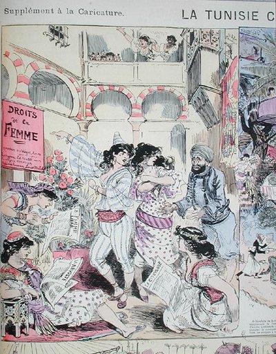 ट्यूनीशिया में 'द राइट्स ऑफ वीमेन', 'ले कैरिकेचर' 1883 से कार्टून (कलर लिथो) द्वारा अल्बर्ट रोबिडा