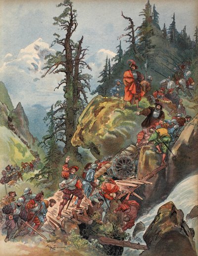 आल्प्स का क्रॉसिंग, जॉर्ज जी टौडौज़, पब द्वारा 'फ्रेंकोइस आईर: ले रोई शेवेलियर' से चित्रण। 1909 (रंग लिथो) द्वारा अल्बर्ट रोबिडा