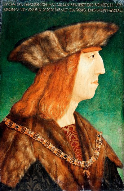 "" हैब्सबर्ग के सम्राट मैक्सिमिलियन I का पोर्ट्रेट (1459-1519), पवित्र रोमन सम्राट "" अल्ब्रेक्ट ड्यूरर (1471-1528) की कार्यशाला से पेंटिंग, 1504 के बाद - लकड़ी पर तेल, 54.6x36.1 - स्टैट्लिच मुसीन, बर्लिन द्वारा अल्ब्रेक्ट (ड्यूरर या ड्यूरर का अनुयायी)