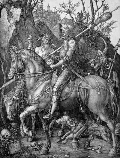 नाइट, डेथ एंड डेविल, 1513 (कॉपर प्लेट उत्कीर्णन) द्वारा Albrecht Dürer