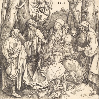 दो संगीत बनाने वाले एन्जिल्स के साथ पवित्र परिवार, 1511। द्वारा अल्ब्रेक्ट ड्यूरर
