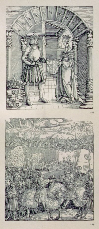 जर्मनी के सम्राट मैक्सिमिलियन I (1459-1519) के विजयी आर्क: विस्तार से बायीं ओर के पोर्टल के ऊपर रखे गए दो पैनल दिखाते हुए (शीर्ष) मैक्सिमिलियन I और उनकी पहली पत्नी मैरी ऑफ़ बरगंडी (1457-82) द्वारा अल्ब्रेक्ट ड्यूरर