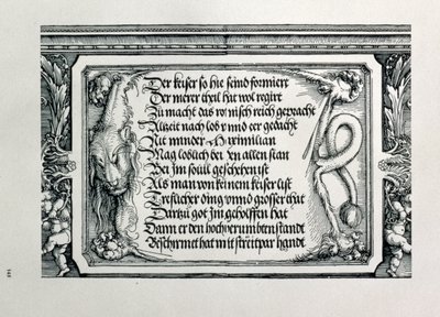 1459-1519 जर्मनी के सम्राट मैक्सिमिलियन I की ट्रम्पहाल आर्क: सजावटी योजना का विस्तार एक शेर-त्वचा दिखाती है जो सम्राट के पारिवारिक संबंधों, पब की प्रशंसा करती है। 151718 वुडकट द्वारा अल्ब्रेक्ट ड्यूरर