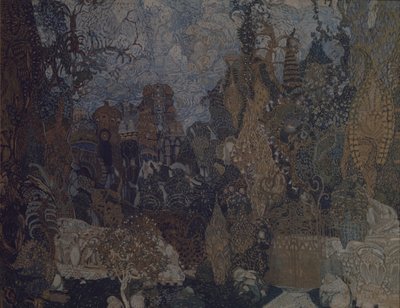 आई। स्ट्राविंस्की, 1910 द्वारा बैले द फायरबर्ड के लिए स्टेज डिजाइन द्वारा हांग्जो जकोवलेविक गोलोविन