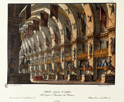 Giovanni Pacini (कलर लिथो) द्वारा ओपेरा 'I Cavalieri di Valenza' के लिए Gran Sala D'Armi, सेट डिज़ाइन द्वारा एलेसेंड्रो सैनकिरिको
