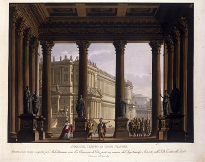 वुल्फगैंग एमेडियस मोजार्ट (1756-1791) द्वारा "द क्लेमेंस ऑफ टिटो" के लिए एलेसेंड्रो सैनक्विरिको (1777-1849) की दृश्यता 1819 में मिलान में ला स्काला पर चढ़ती है और बृहस्पति स्टेटर स्टेटोर के मंदिर के एट्रियम का प्रतिनिधित्व करती है: सेक्स्टस बंद ह द्वारा एलेसेंड्रो सैनकिरिको