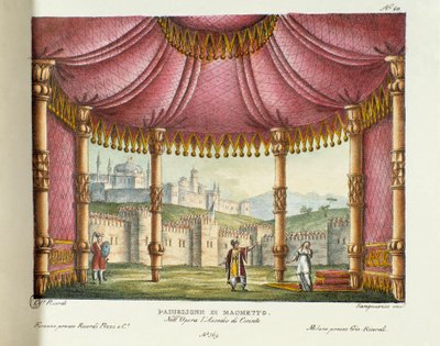 गियोआचिनो रॉसिनी (या गियोचिनो) (1826) द्वारा ओपेरा "द सीज ऑफ कोरिंथ" (या कोरिंथ की घेराबंदी) के 1829 में मिलान में टिएट्रो अल्ला स्काला में प्रदर्शन के लिए मुहम्मद का मंडप (एक्ट II) दृश्य। आविष्कारों का संग्रह "" में लिथोग्राफी द्वारा एलेसेंड्रो सैनकिरिको