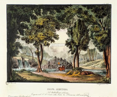 ग्यूसेप सारती द्वारा ओपेरा नाटक "" एने नेल लाज़ियो "" (1799) के प्रतिनिधित्व के लिए सिबिल अल्बुनिया परिदृश्य का जंगल। एलेसेंड्रो सैनक्विरिको (1777-1849) द्वारा 1830 के दर्शनीय आविष्कारों का संग्रह "" में लिथोग्राफी। मिलानी निज द्वारा एलेसेंड्रो सैनकिरिको