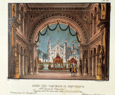 विन्सेन्ज़ो बेलिनी द्वारा ओपेरा "ला स्ट्रानियारा" (1828) के 1829 में टीट्रो अल्ला स्काला में प्रदर्शन के लिए ब्रिटनी परिदृश्य में मोंटोलिनो के महल का वेस्टिबुल। एलेसेंड्रो सैनक्विरी द्वारा 1830 के दर्शनीय आविष्कारों का संग्रह "" में लिथ द्वारा एलेसेंड्रो सैनकिरिको