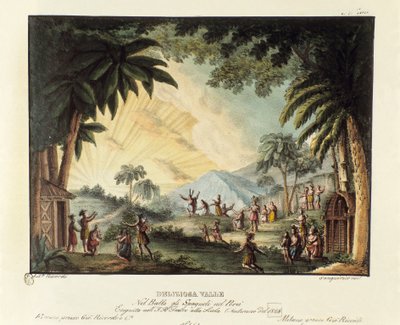 इतालवी कोरियोग्राफर गियोवन्नी गैलज़ेरानी (1780-1865) (1828) द्वारा बैले "" ग्लि स्पैग्नोली नेल पेरू "" के लिए स्पैनिश सीनोग्राफी द्वारा नई दुनिया की विजय के समय एक स्वादिष्ट घाटी का दृश्य। "" में लिथोग्राफी Raccolta di invenzi द्वारा एलेसेंड्रो सैनकिरिको
