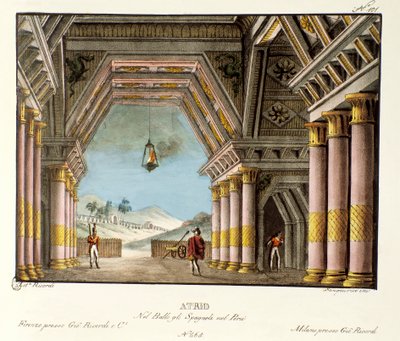 इतालवी कोरियोग्राफर गियोवन्नी गैल्ज़रानी (1780-1865) (1828) द्वारा बैले "" द स्पैनियार्ड्स इन पेरू "" के लिए एक बड़े महल के कमरे का दृश्य। एलेसेंड्रो सैनक्विरिको (1777-1849) द्वारा 1830 के दर्शनीय आविष्कारों का संग्रह "" में ल द्वारा एलेसेंड्रो सैनकिरिको