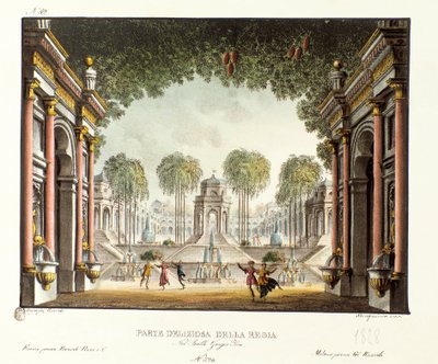 इतालवी कोरियोग्राफर गियोवन्नी गैल्ज़रानी (1780-1865) (1828) द्वारा बैले "" जेनिस-कान "" के लिए चंगेज खान के महल के शाही दरबार का दृश्य। एलेसेंड्रो सैनक्विरिको (1777-1849) द्वारा 1830 के दर्शनीय आविष्कारों का संग्रह "" में लिथो द्वारा एलेसेंड्रो सैनकिरिको