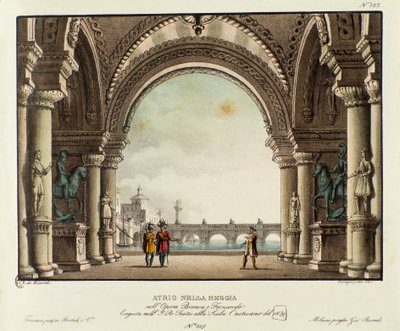 विन्सेन्ज़ो बेलिनी (1826) द्वारा ओपेरा "बियांका ई फर्नांडो" के 1829 में प्रतिनिधित्व के लिए शाही महल के दृश्य का दृश्य। एलेसेंड्रो सैनक्विरिको (1777-1849) द्वारा 1830 के दर्शनीय आविष्कारों का संग्रह "" में लिथोग्राफी। निजी मिलानी द्वारा एलेसेंड्रो सैनकिरिको