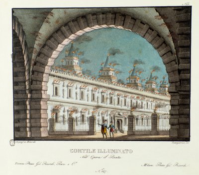 विन्सेन्ज़ो बेलिनी द्वारा ओपेरा इल पिराटा (द पाइरेट) (1827) के प्रतिनिधित्व के लिए बड़े प्रबुद्ध आंगन का दृश्य। एलेसेंड्रो सैनक्विरिको (1777-1849) द्वारा 1830 के दर्शनीय आविष्कारों का संग्रह "" में लिथोग्राफी। मिलानी निजी c द्वारा एलेसेंड्रो सैनकिरिको