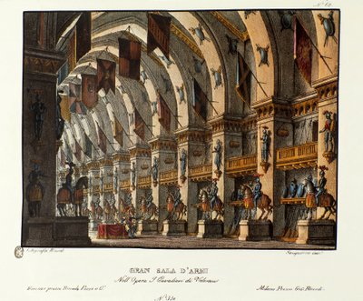 Giovanni Pacini और Gaetano Rossi (1828) द्वारा ओपेरा "I cavalieri di Valenza" के प्रतिनिधित्व के लिए बड़े हथियारों के कमरे का दृश्य। एलेसेंड्रो सैनक्विरिको (1777-1849) द्वारा 1830 के दर्शनीय आविष्कारों का संग्रह "" में लिथोग्राफी। मिलान द्वारा एलेसेंड्रो सैनकिरिको