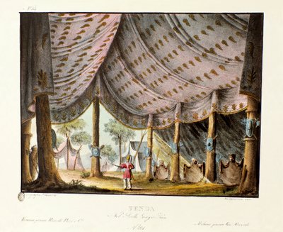 इतालवी कोरियोग्राफर गियोवन्नी गैल्ज़रानी (1780-1865) (1828) द्वारा बैले "" जेनिस-कान "के लिए चंगेज खान के शाही तम्बू का दृश्य। एलेसेंड्रो सैनक्विरिको (1777-1849) द्वारा 1830 के दर्शनीय आविष्कारों का संग्रह "" में लिथोग्राफी। मिलानी द्वारा एलेसेंड्रो सैनकिरिको