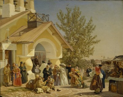 पस्कोव, 1864 में एक चर्च से बाहर आ रहा है द्वारा अलेक्जेंडर इवानोविच मोरोज़ोव