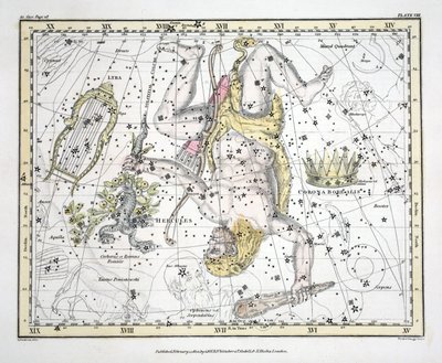 अलेक्जेंडर Jamieson, पब द्वारा &39;ए सेलेस्टियल एटलस&39; से तारामंडल (प्लेट VIII) कोरोनोआ बोरेलिस, हरक्यूलिस और सेर्बेरस। लंदन 1822 (हाथ के रंग का उत्कीर्णन) द्वारा अलेक्जेंडर जैमीसन