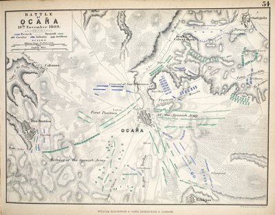 Ocana की लड़ाई का नक्शा, विलियम ब्लैकवुड एंड संस, एडिनबर्ग und लंदन, 1848 द्वारा प्रकाशित (हाथ से रंग के टुकड़े) द्वारा अलेक्जेंडर कीथ जॉनसन