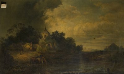 19 वीं सदी के अंत में, हॉर्स ड्रिंकिंग के साथ रोमांटिक लैंडस्केप द्वारा Alexander Panton
