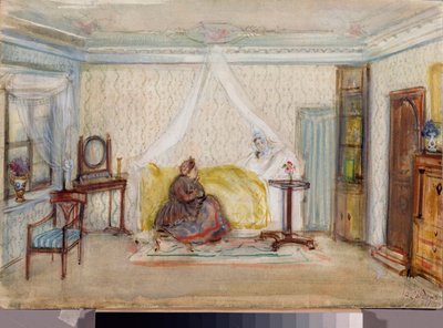 पियोत्र त्चिकोवस्की (1840-1893) द्वारा ओपेरा quot;यूजीन वनगिनquot; के लिए प्रारंभिक दृश्य (पी त्चिकोवस्की द्वारा ओपेरा यूजीन वनगिन के लिए मंच डिजाइन) - अलेक्जेंडर वैलेंटिनोविच श्रीडिन (श्रीडिन) (1872-1934) द्वारा कार्य, कागज पर पानी के रंग और सफेद द्वारा अलेक्जेंडर श्रेडिन