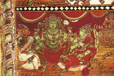 विष्णु, पार्वती, नटराय मंदिर, चिदंबरम, तमिलनाडु, भारत, 5 वीं शताब्दी के लिए मंदिर में शिव के जीवन को दर्शाने वाले भित्तिचित्रों का विवरण द्वारा अलेक्जेंड्रे गेब्रियल (बाद में) डीकैंप्स