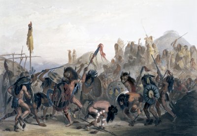 1843 में मिह-तुत्ता-हंकुश में उनके मेडिसिन लॉज के सामने मंडन भारतीयों का बाइसन-नृत्य द्वारा अलेक्जेंड्रे मंसौ