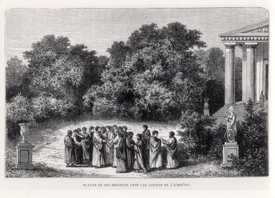 प्लेट फार्च (c.427-c.348 ईसा पूर्व) और लुइस फेंटियर द्वारा &39;ला वेइ डेस सेवेंट्स इलस्ट्र्रेस&39; से एकेडमी के गार्डन में उनके शिष्य, लाप्लांटे द्वारा उत्कीर्ण, c.1870 द्वारा अलेक्जेंड्रे डे बार
