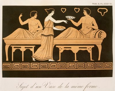Bacchus' भोज, तालिका 38 'कलेक्शन डेस वासेस ग्रीक्स, वॉल्यूम II' से, 1813-24 प्रकाशित (कलर लिथो) द्वारा अलेक्जेंड्रे डी लबोर्डे