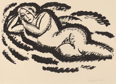 Reclining Nude, c.1912 (रखी कागज पर काले रंग में लिथोग्राफ) द्वारा एलेक्स वॉन ज्वालेंस्की