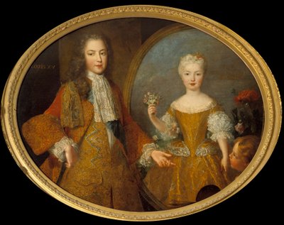 L'Amour (निचला दाहिना) लुई XV (1710-1774) को अपने मंगेतर (लुई XV और स्पेन के इन्फैंटे मैरी ऐनी विक्टोइरे) का चित्र प्रस्तुत करता है। एक पेंटिंग में एक पेंटिंग का अबीमे (अबिम)। एलेक्सिस साइमन बेले द्वारा पेंटिंग ( १६७४-१७३४) १८वीं शताब्दी का सूर्य 0,99x द्वारा एलेक्सिस साइमन बेले