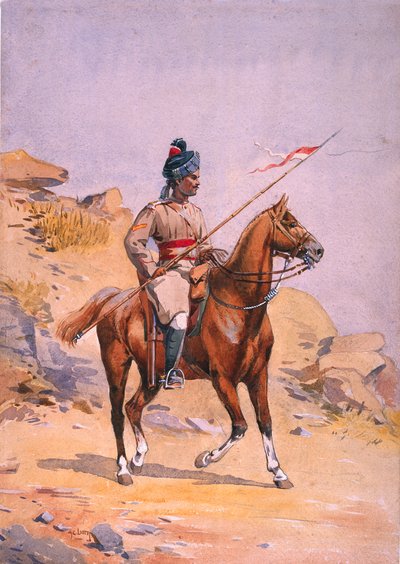 1911 में प्रकाशित मेजर जीएफ मैकमुन द्वारा वेल्स के खुद के मध्य भारत के 38 वें राजकुमार, सोन्स ऑफ़ इंडिया के लिए लांस दफादार गब्बर (पंजाबी मुसल्मन) चित्रण द्वारा अल्फ्रेड क्राउड लवेट