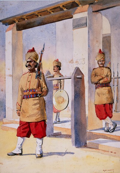 1911, 1908 में प्रकाशित, मेजर जीएफ मैकमुन्न द्वारा by भारत की सेनाओं ’के लिए चित्रण, कनॉट की अपनी बलूचिस्तान इन्फैंट्री के 124 वें डचेस के सैनिक द्वारा अल्फ्रेड क्राउड लवेट