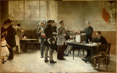 यूनिवर्सल मताधिकार 1891 में एक मतदान केंद्र। अल्फ्रेड ब्रैमटॉट द्वारा पेंटिंग (1852-1894) 1891 लेस लीलास, टाउन हॉल द्वारा अल्फ्रेड हेनरी ब्रमोट
