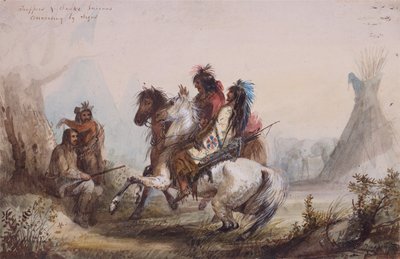 ट्रैपर्स एंड स्नेक इंडियंस कन्वर्सिंग बाय साइन्स, c.1837 (कागज पर पेंसिल, वॉटरकलर और गौचे) द्वारा अल्फ्रेड जैकब मिलर