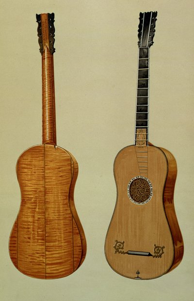 एंटोनियो स्ट्राडिवेरियस द्वारा बनाया गया गिटार (c.1644-1737), &39;म्यूजिकल इंस्ट्रूमेंट्स&39; (रंगीन लिथो) से द्वारा अल्फ्रेड जेम्स हिपकिंस