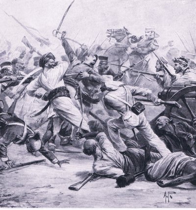 2 अगस्त 1857 को नजफगढ़ में विद्रोहियों की निकोलसन हार, ब्रिटिश बैटल ऑन लैंड एंड सी, 1915 द्वारा अल्फ्रेड पीयर्स