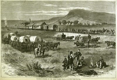 17 जुलाई 1875 को &39;हार्पर वीकली&39; से महान मैदानों पर रेलमार्ग का निर्माण द्वारा अल्फ्रेड रुडोल्फ वुड