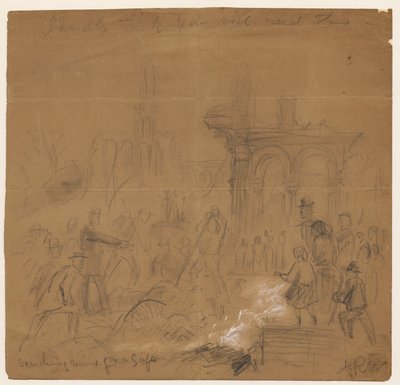 1871 के शिकागो फायर के बाद एक तिजोरी के लिए खंडहर की खोज (कागज पर पेंसिल और चाक) द्वारा अल्फ्रेड रुडोल्फ वुड