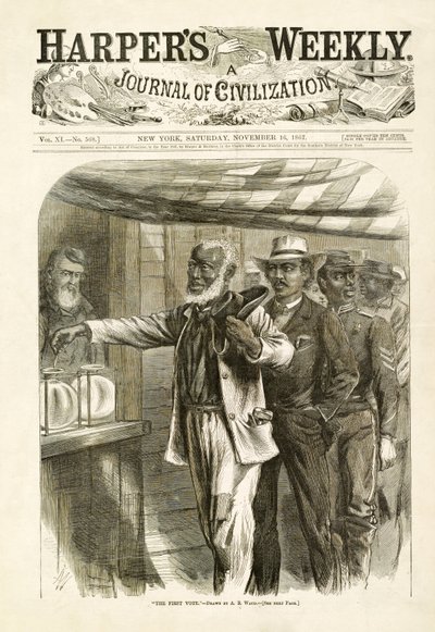 द फर्स्ट वोट, पब। हार्पर्स वीकली, 1867 द्वारा अल्फ्रेड रुडोल्फ वुड