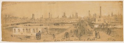 1871 के शिकागो फायर के दौरान पूर्व की ओर देख रहे एरी स्ट्रीट ब्रिज से देखें द्वारा अल्फ्रेड रुडोल्फ वुड