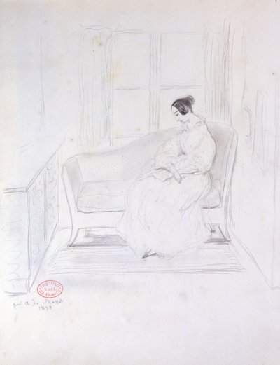 जॉर्ज सैंड (1804-76), एक खिड़की के बगल में सोफे पर पढ़ते हुए, 1833 द्वारा अल्फ्रेड डी मुसेट