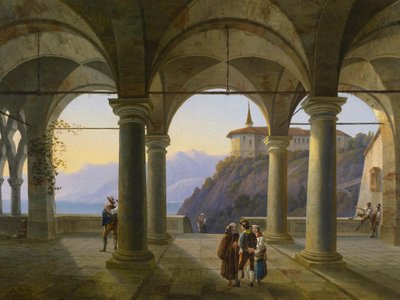 मूर्तिकला के साथ स्तंभ छत और एक पहाड़ी झील का दृश्य द्वारा Alois Gustav Schulz