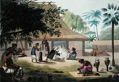 घरेलू गतिविधियां, कूपांग, तिमोर, 'ए वॉयज अराउंड द वर्ल्ड ऑन द कॉर्वेट्स ऑफ यूरेनिया 1817-20' से, फॉरगेट द्वारा उकेरी गई, 1825 में प्रकाशित (उत्कीर्णन) द्वारा अल्फोंस (बाद में) पेलियन