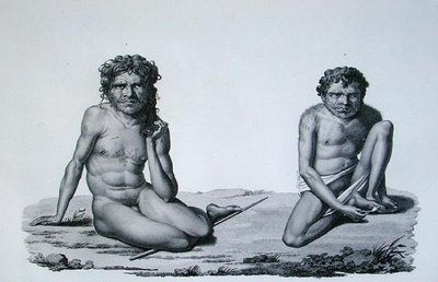 पोर्ट जैक्सन, न्यू हॉलैंड: एबोरिजिन्स फ्रॉम द ब्लू माउंटेंस, फ्रॉम 'वॉयज अराउंड द वर्ल्ड ऑन द कॉर्वेट्स ऑफ यूरेनिया', फॉरगेट द्वारा उकेरा गया, 1825 में प्रकाशित (उत्कीर्णन) द्वारा अल्फोंस (बाद में) पेलियन