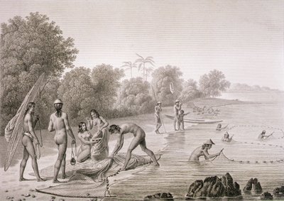 बोविनेट द्वारा उकेरी गई लुई क्लाउड डेसौल्स डी फ़्रीसिनेट (1779-1842) द्वारा 'वॉयेज ऑटोर डू मोंडे (1817-20)' से मारियानास द्वीप समूह के मूल निवासियों द्वारा उपयोग की जाने वाली पारंपरिक मछली पकड़ने की विधि, 1822-24 (लिथो) में प्रकाशित हुई। द्वारा अल्फोंस (बाद में) पेलियन