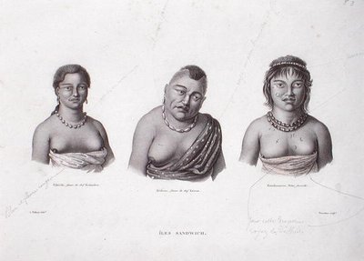 सैंडविच द्वीप समूह के हवाई प्रमुखों की पत्नियाँ, c.1824 (उत्कीर्णन) द्वारा अल्फोंस (बाद में) पेलियन